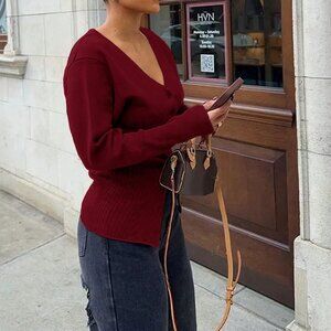 Burgundy Casual Women's Knit Deep V-Neck Cardigan